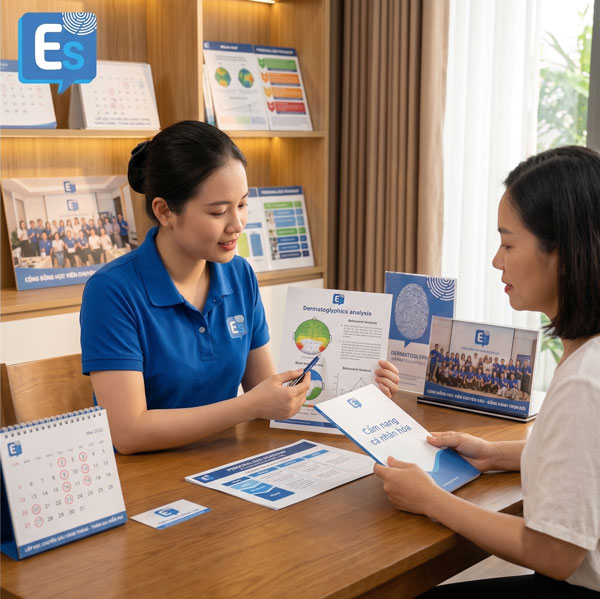 Chuyên gia Elite Symbol tham vấn kết quả sinh trắc vân tay 1-1 cho khách hàng.