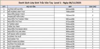 Danh Sách Lớp Sinh Trắc Vân Tay Level 1 – Ngày 06/11/2025