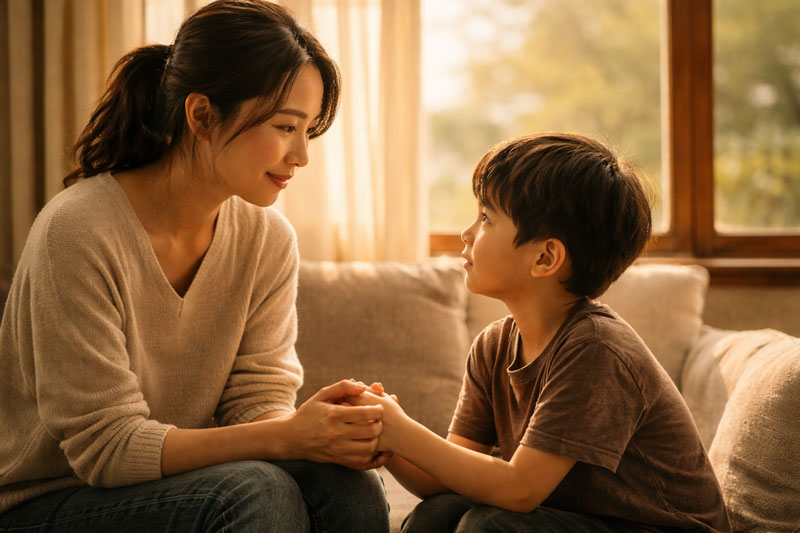 Cha mẹ ngồi ngang tầm mắt với con, thể hiện sự thấu hiểu và kết nối cảm xúc