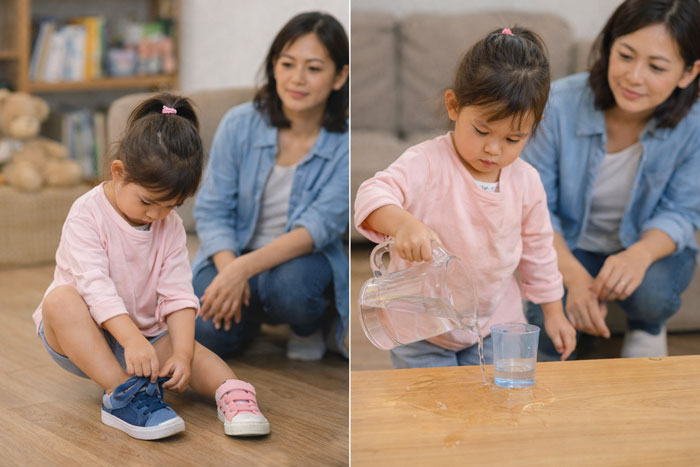 Trẻ 3 tuổi tự mang giày và rót nước dù còn vụng về, người lớn đứng phía sau quan sát – dấu hiệu phát triển tính tự lập