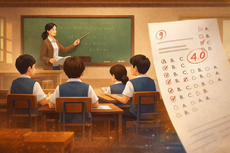 Giáo dục truyền thống với chương trình học đồng loạt và đánh giá bằng điểm số