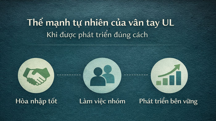 Thế mạnh tự nhiên của người có vân tay UL gồm hòa nhập tốt, làm việc nhóm hiệu quả và phát triển bền vững