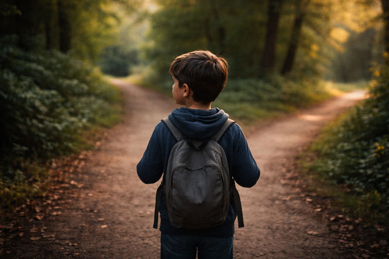 Đứa trẻ đứng trước hai con đường nhỏ với vẻ mặt do dự