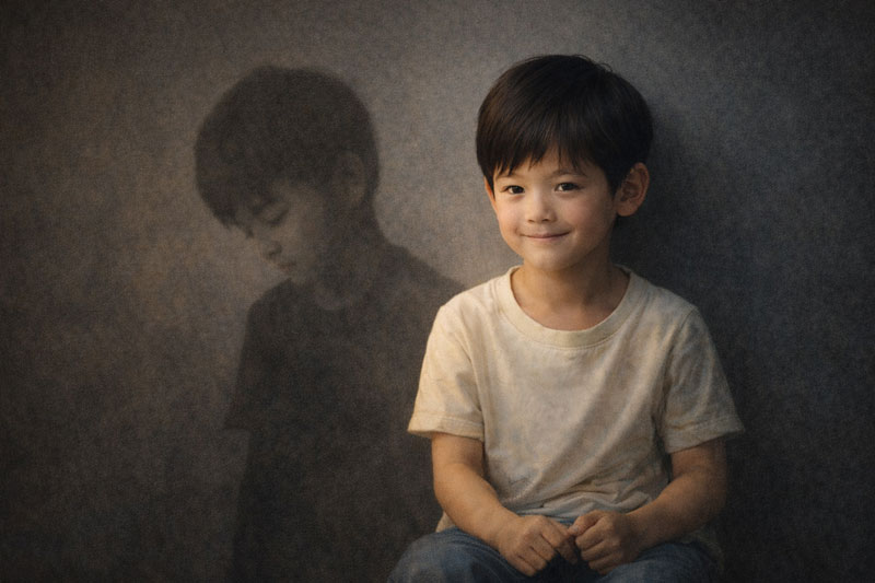 Hình ảnh đứa trẻ mỉm cười nhưng phía sau lưng là bóng đổ mang biểu cảm buồn hơn