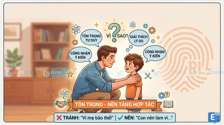 Cha mẹ cúi người lắng nghe và giải thích lý do để tôn trọng tư duy trẻ RL