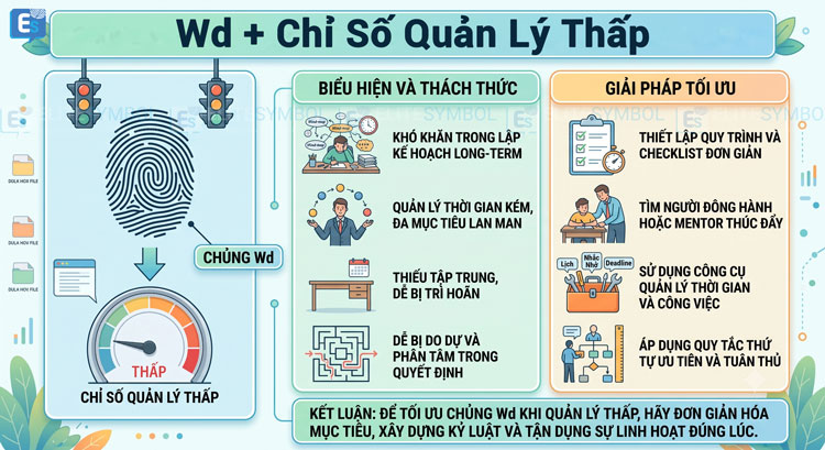 phân tích chủng vân tay Wd (Whorl Double Loop) có chỉ số Quản lý thấp. Mô tả biểu hiện đa mục tiêu, dễ xao nhãng, do dự và đưa ra giải pháp thiết lập quy trình, đơn giản hóa mục tiêu, xây dựng kỷ