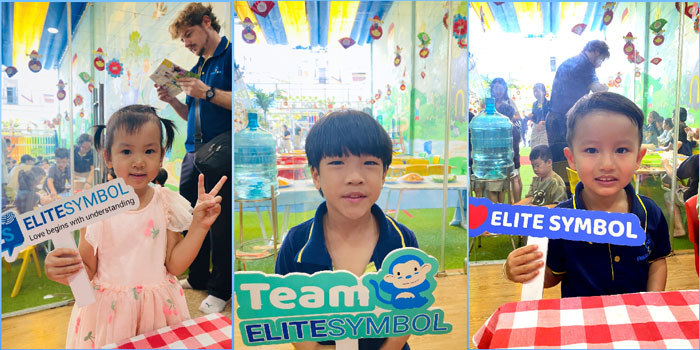 Các bé vui tươi check-in cùng bảng hiệu sinh trắc vân tay Elite Symbol tại Angel Kids