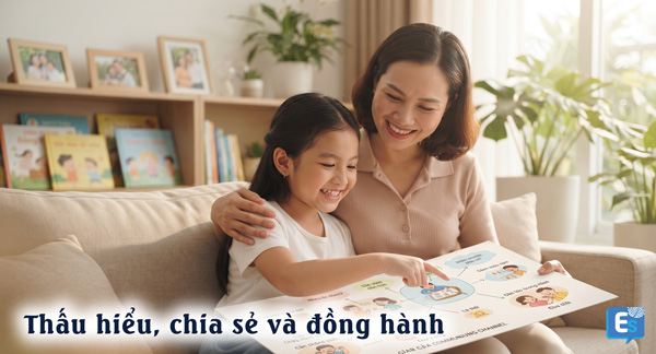 Cha mẹ và con cái trò chuyện vui vẻ, gắn kết nhờ thấu hiểu tâm lý tuổi dậy thì.