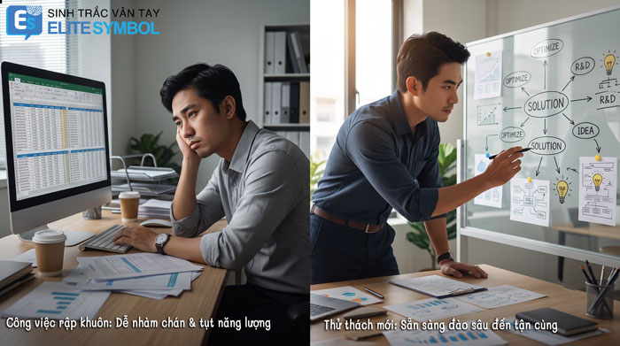 So sánh mức độ kiên trì của người có chủng vân tay nước ngược RL giữa công việc rập khuôn và bài toán thử thách mới